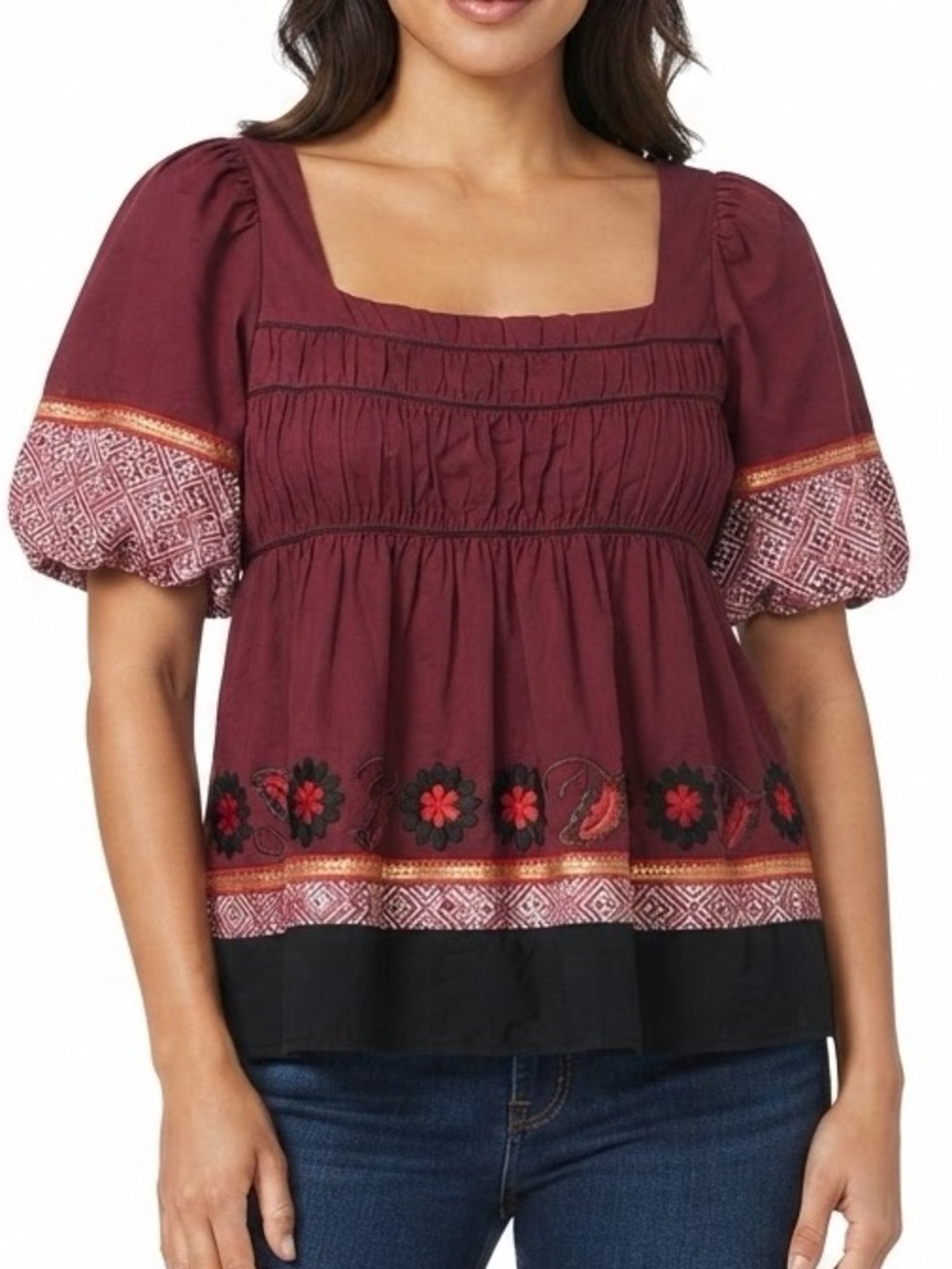 Antropologie Lithe Embroidered Peasant Blouse Size 2 Cotton Boho Smocked